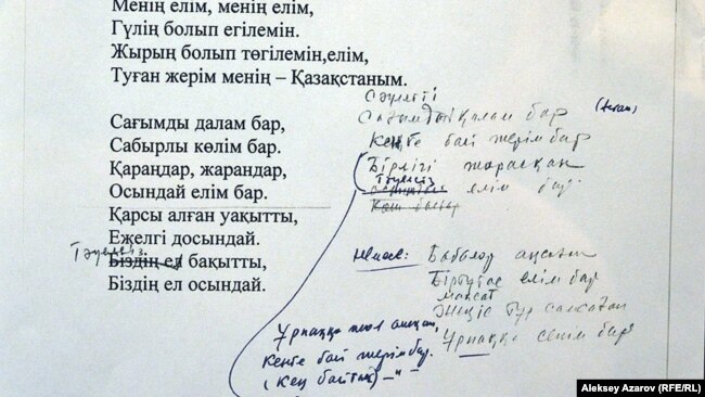 Қазақстанның жаңа әнұраны мәтініне Нұрсұлтан Назарбаев енгізді деген түзетулер. Алматыдағы көрме, 8 желтоқсан 2016 жыл.